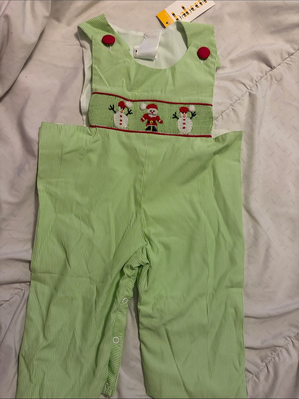 Green Smocked Christmas Snowman & Santa Baby One-Piece Bodysuit